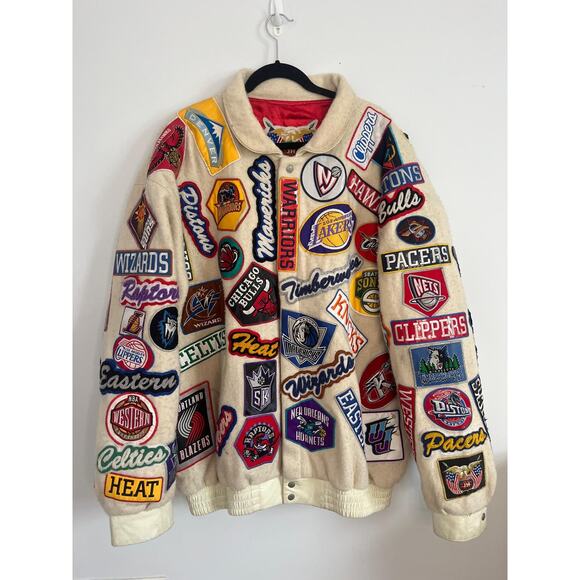 Jeff Hamilton Jacket Men XL Cream NBA All Teams Patch Wool Bomber